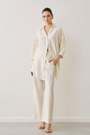 FIGARO εκρού wide leg gold detail παντελόνα