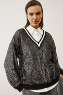 FIGARO μαύρη sequin V neck μπλούζα