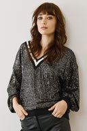 FIGARO μαύρη sequin V neck μπλούζα