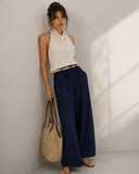 Μπλε wide leg παντελόνα με ζώνη