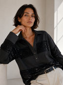 FIGARO Μαύρο sequin stripe polo top