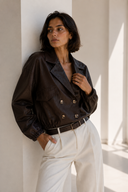Καφέ faux leather cropped jacket