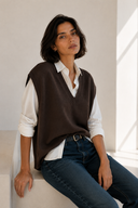 Καφέ V-neck πλεκτή καζάκα