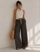Καφέ wide leg παντελόνα με ζώνη