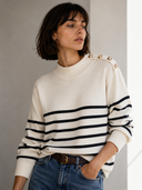 Εκρού striped button knit sweater