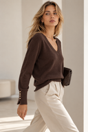 Καφέ V-neck πλεκτή μπλούζα