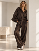 Καφέ satin σετ με crop ζακέτα