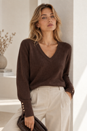 Καφέ V-neck πλεκτή μπλούζα