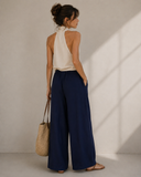 Μπλε wide leg παντελόνα με ζώνη