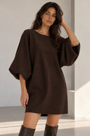 Καφέ oversized balloon sleeve φόρεμα