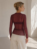 Bordeaux polka dot mesh top