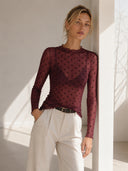 Bordeaux polka dot mesh top