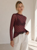 Bordeaux polka dot mesh top