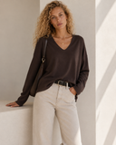 Καφέ V-neck oversized μπλούζα