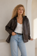 Καφέ faux leather hooded jacket