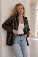 Καφέ faux leather hooded jacket