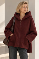 Μπορντό oversized bouclé jacket με κουκούλα
