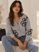 Γκρι floral detail πλεκτή ζακέτα
