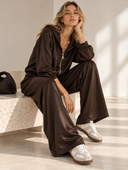Καφέ satin σετ με crop ζακέτα