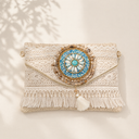 Εκρού boho straw crossbody bag με χάντρες