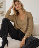 Camel V-neck oversized μπλούζα