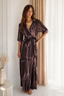 Καφέ satin wrap print maxi φόρεμα