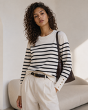 Cream striped button knit sweater