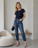 Μπλε jewel button mom fit τζιν