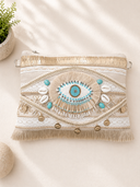 Εκρού boho crossbody bag με ethnic λεπτομέρειες